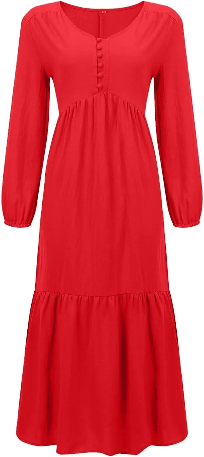 Women's Linen Maxi Dress Long Sleeve with Pockets Casual V Neck Tiered Ruffle Boho Beach Line Cocktail Party Dresses
