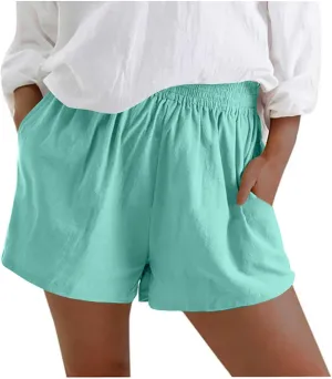 Womens Linen Shorts Elastic Waist Bermuda Shorts Solid Color High Waisted Shorts Women Casual Shorts with Pockets
