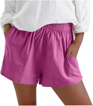 Womens Linen Shorts Elastic Waist Bermuda Shorts Solid Color High Waisted Shorts Women Casual Shorts with Pockets