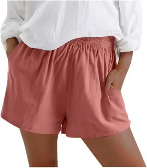 Womens Linen Shorts Elastic Waist Bermuda Shorts Solid Color High Waisted Shorts Women Casual Shorts with Pockets