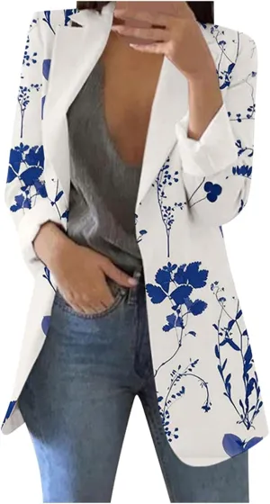 Women's Long Blazer Casual Printed Suit Sleeve Loose Comfortable Cardigan Coat Blazers for Work Casual