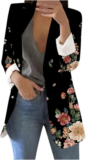 Women's Long Blazer Casual Printed Suit Sleeve Loose Comfortable Cardigan Coat Blazers for Work Casual
