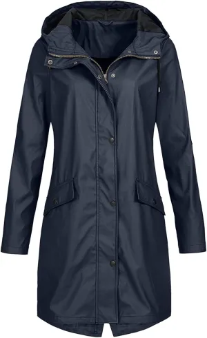 Womens Long Hooded Rain Jackets Outdoors Raincoat Windbreaker Waterproof Lightweight Outdoor Hooded Trench Coats Plus Size