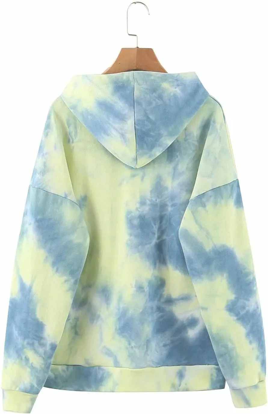 Women's Long Sleeve Printed Hoodie Drawstring Hoodies Tops Tie Dye Printed Pullover Sweatshirts with Pockets