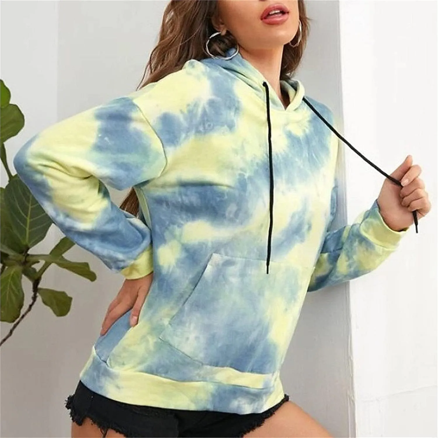 Women's Long Sleeve Printed Hoodie Drawstring Hoodies Tops Tie Dye Printed Pullover Sweatshirts with Pockets
