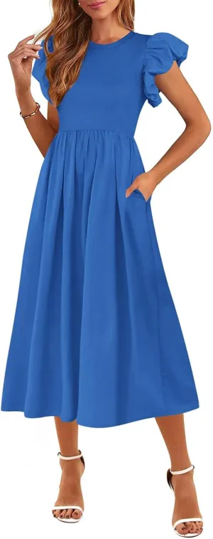 Womens Maxi Long Smocked Dresses 2025 Summer Casual Ruffle Sleeve Tiered Flowy A Line Dress with Pockets
