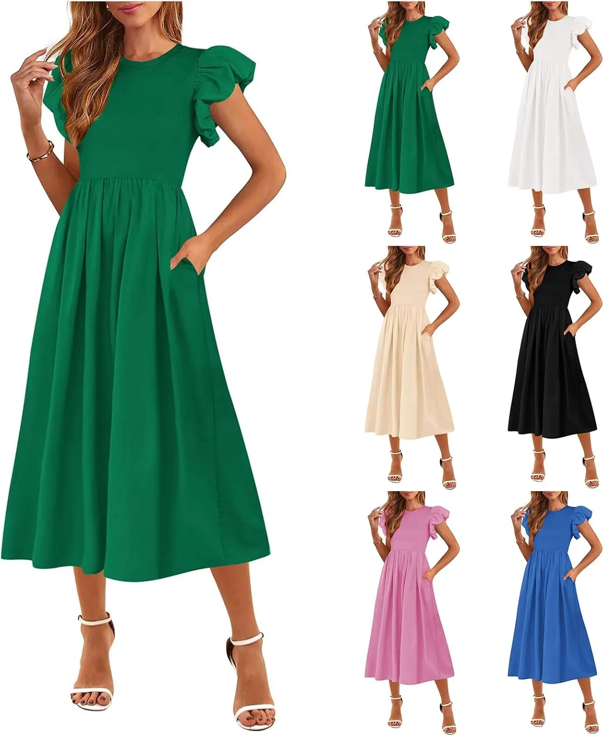 Womens Maxi Long Smocked Dresses 2025 Summer Casual Ruffle Sleeve Tiered Flowy A Line Dress with Pockets