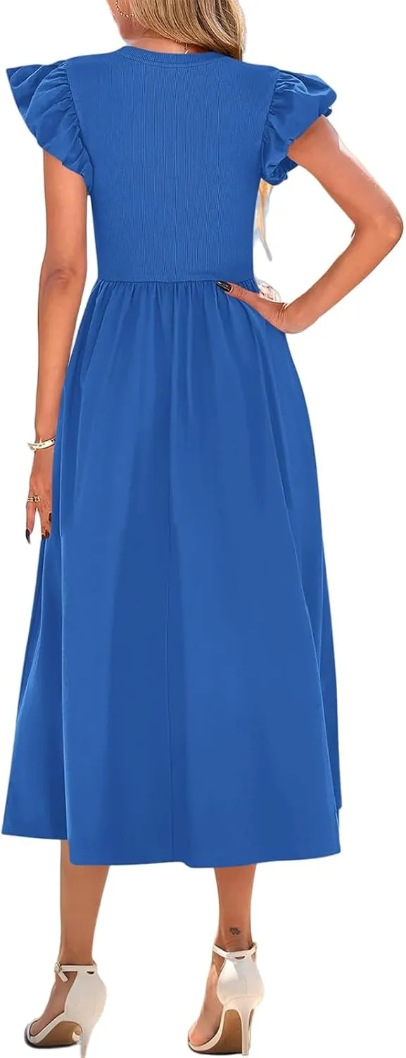 Womens Maxi Long Smocked Dresses 2025 Summer Casual Ruffle Sleeve Tiered Flowy A Line Dress with Pockets