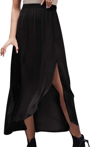 Womens Maxi Skirt Casual Flowy Split Ruffle High Low Beach Mini Skirts Elastic High Waist Pleated A Line Long Skirts