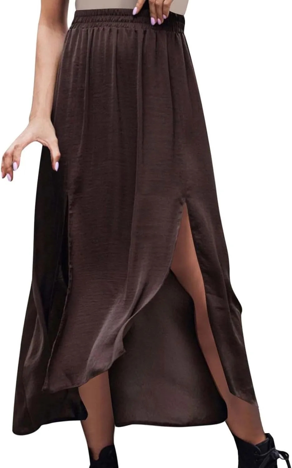 Womens Maxi Skirt Casual Flowy Split Ruffle High Low Beach Mini Skirts Elastic High Waist Pleated A Line Long Skirts