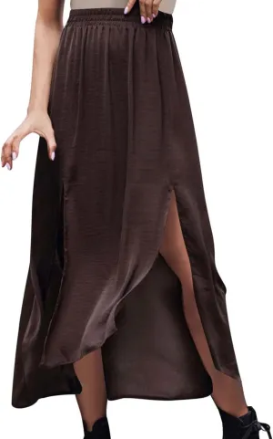 Womens Maxi Skirt Casual Flowy Split Ruffle High Low Beach Mini Skirts Elastic High Waist Pleated A Line Long Skirts