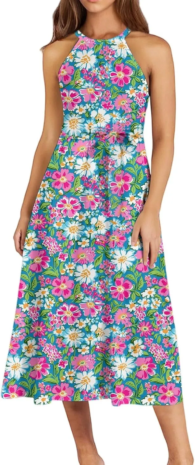 Womens Midi Halter Floral Dresses Casual Summer Flowy A Line Sundress Sleeveless Tie Empire Waist Frocks