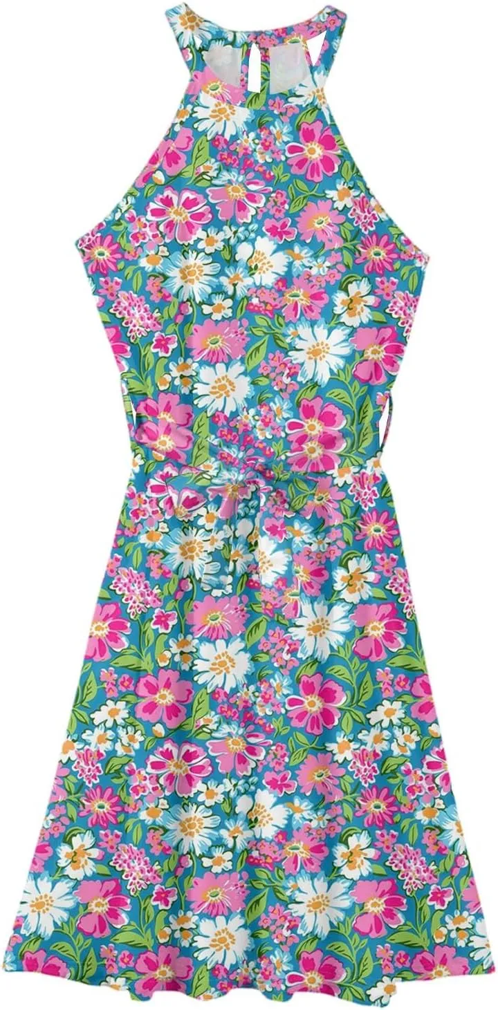 Womens Midi Halter Floral Dresses Casual Summer Flowy A Line Sundress Sleeveless Tie Empire Waist Frocks