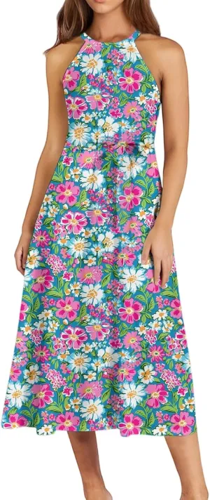 Womens Midi Halter Floral Dresses Casual Summer Flowy A Line Sundress Sleeveless Tie Empire Waist Frocks