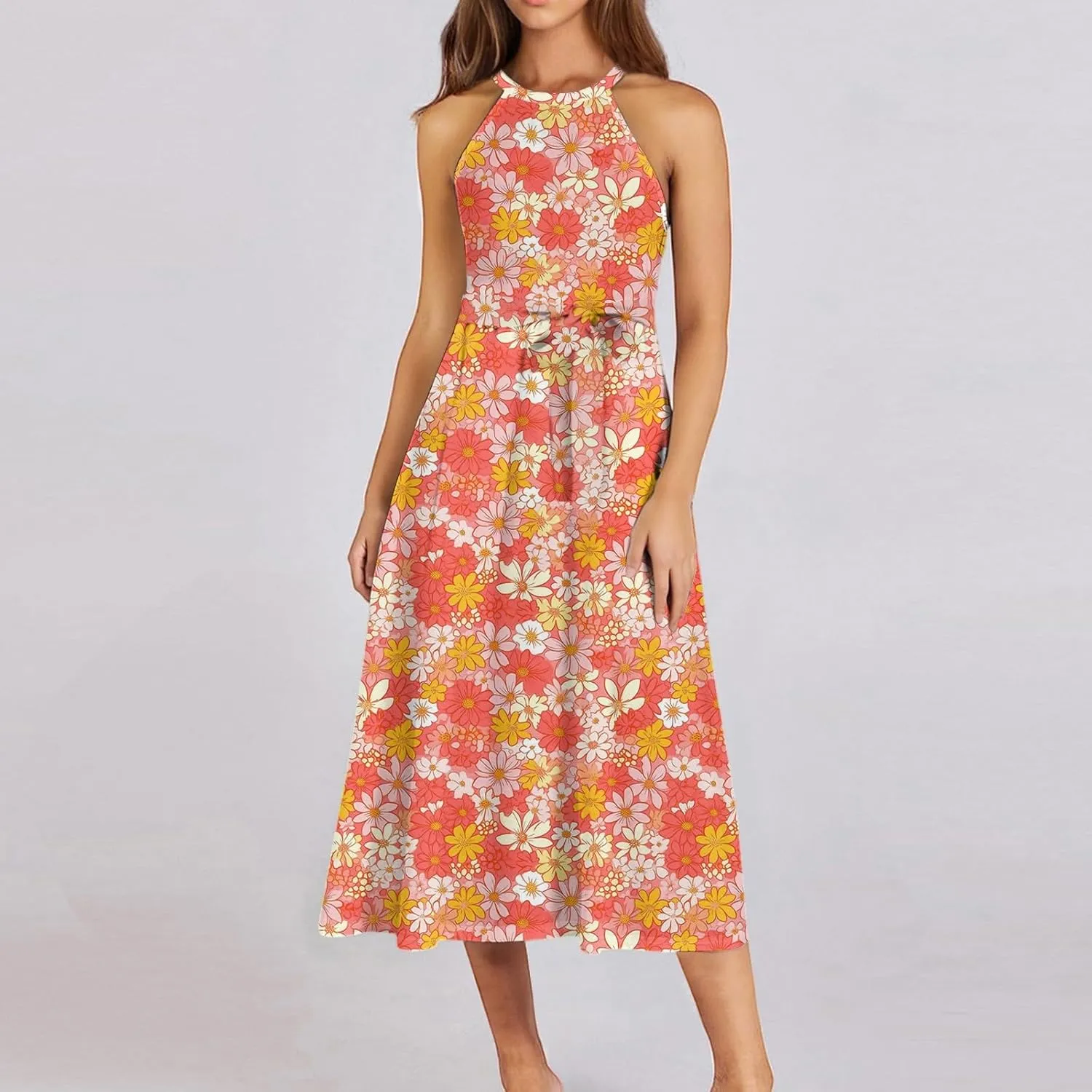Womens Midi Halter Floral Dresses Casual Summer Flowy A Line Sundress Sleeveless Tie Empire Waist Frocks