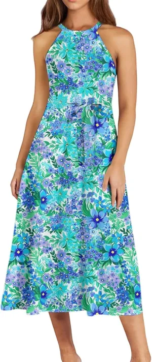 Womens Midi Halter Floral Dresses Casual Summer Flowy A Line Sundress Sleeveless Tie Empire Waist Frocks