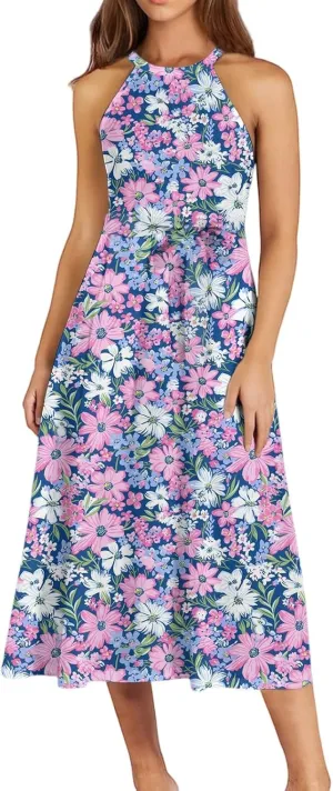 Womens Midi Halter Floral Dresses Casual Summer Flowy A Line Sundress Sleeveless Tie Empire Waist Frocks