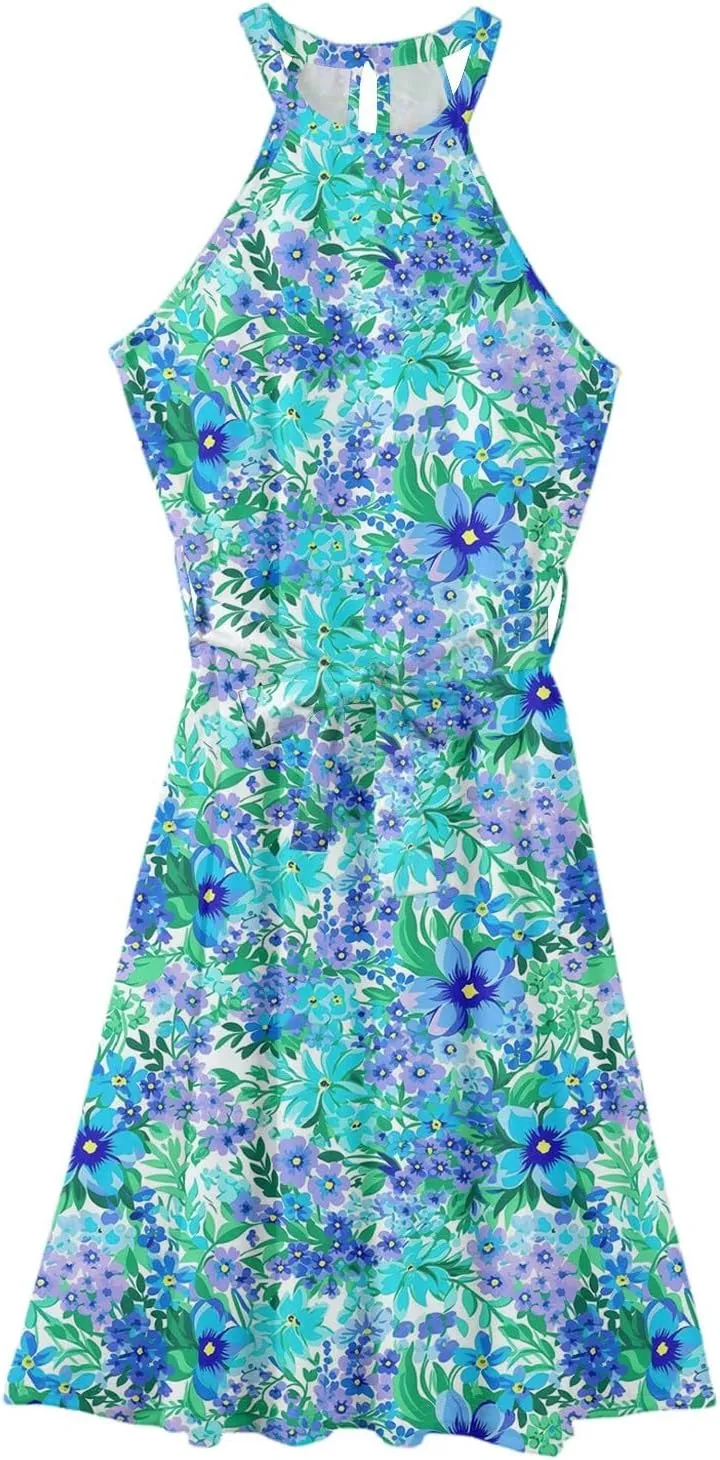 Womens Midi Halter Floral Dresses Casual Summer Flowy A Line Sundress Sleeveless Tie Empire Waist Frocks