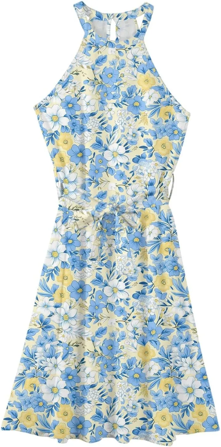 Womens Midi Halter Floral Dresses Casual Summer Flowy A Line Sundress Sleeveless Tie Empire Waist Frocks