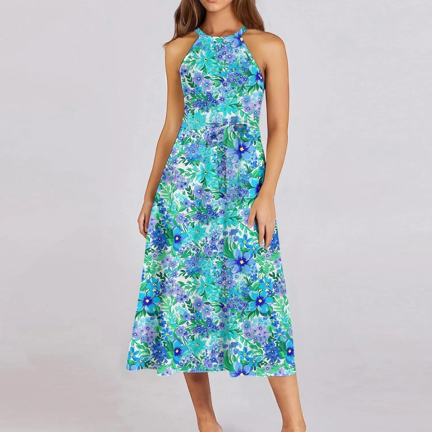 Womens Midi Halter Floral Dresses Casual Summer Flowy A Line Sundress Sleeveless Tie Empire Waist Frocks