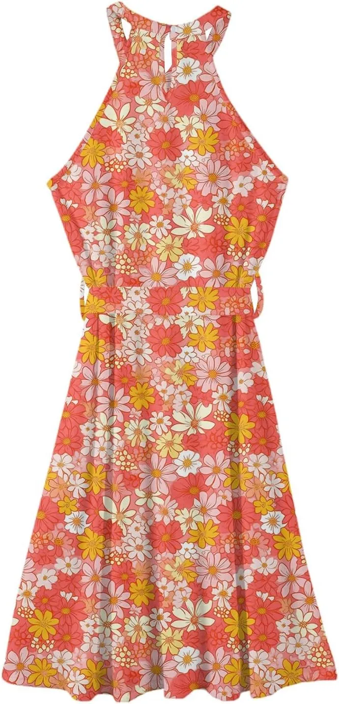 Womens Midi Halter Floral Dresses Casual Summer Flowy A Line Sundress Sleeveless Tie Empire Waist Frocks