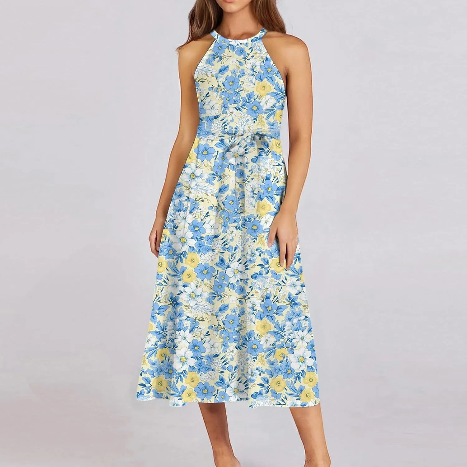 Womens Midi Halter Floral Dresses Casual Summer Flowy A Line Sundress Sleeveless Tie Empire Waist Frocks