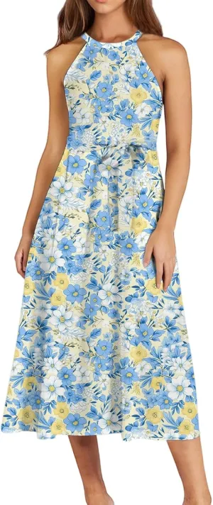 Womens Midi Halter Floral Dresses Casual Summer Flowy A Line Sundress Sleeveless Tie Empire Waist Frocks