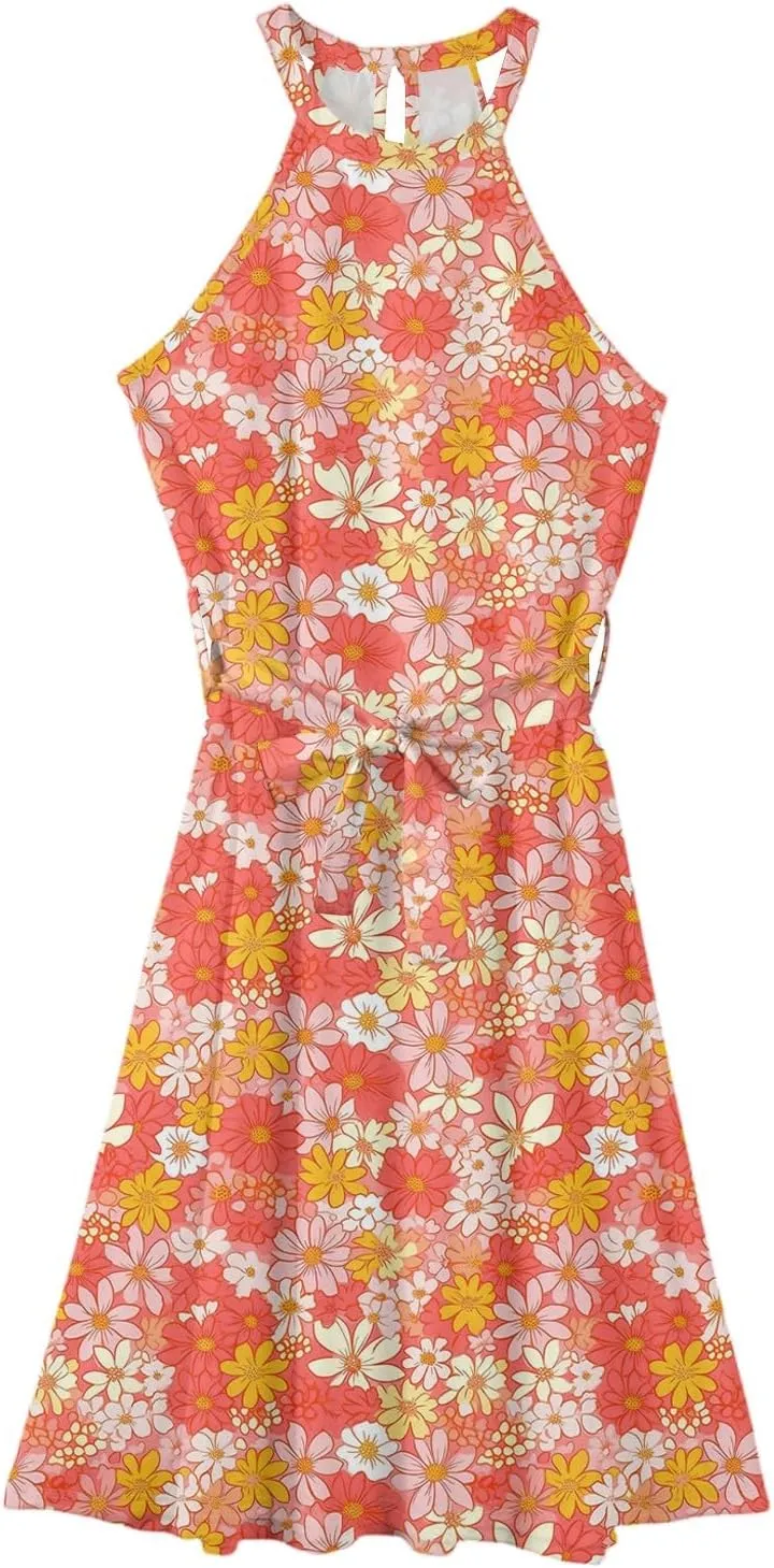 Womens Midi Halter Floral Dresses Casual Summer Flowy A Line Sundress Sleeveless Tie Empire Waist Frocks