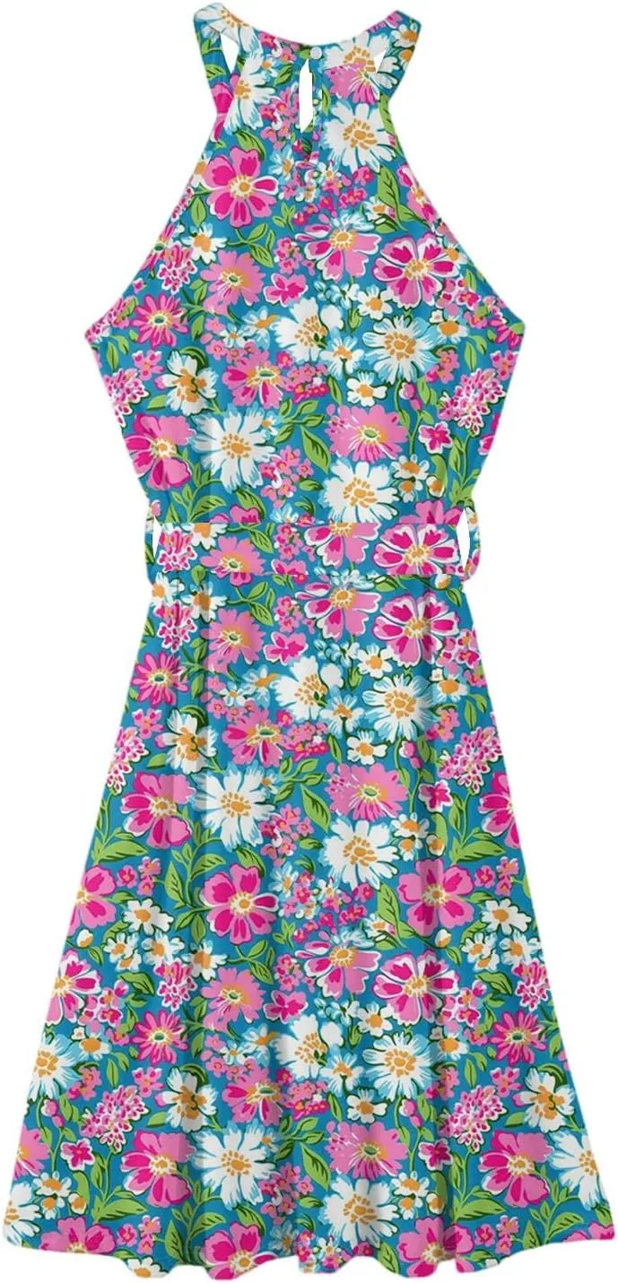 Womens Midi Halter Floral Dresses Casual Summer Flowy A Line Sundress Sleeveless Tie Empire Waist Frocks