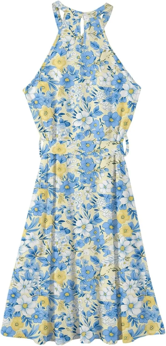 Womens Midi Halter Floral Dresses Casual Summer Flowy A Line Sundress Sleeveless Tie Empire Waist Frocks