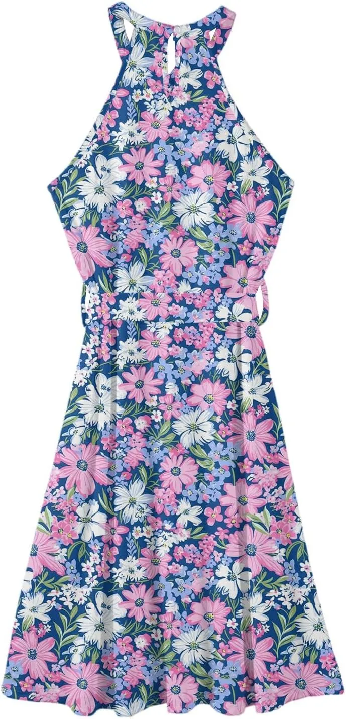 Womens Midi Halter Floral Dresses Casual Summer Flowy A Line Sundress Sleeveless Tie Empire Waist Frocks