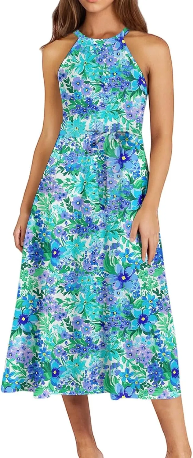 Womens Midi Halter Floral Dresses Casual Summer Flowy A Line Sundress Sleeveless Tie Empire Waist Frocks