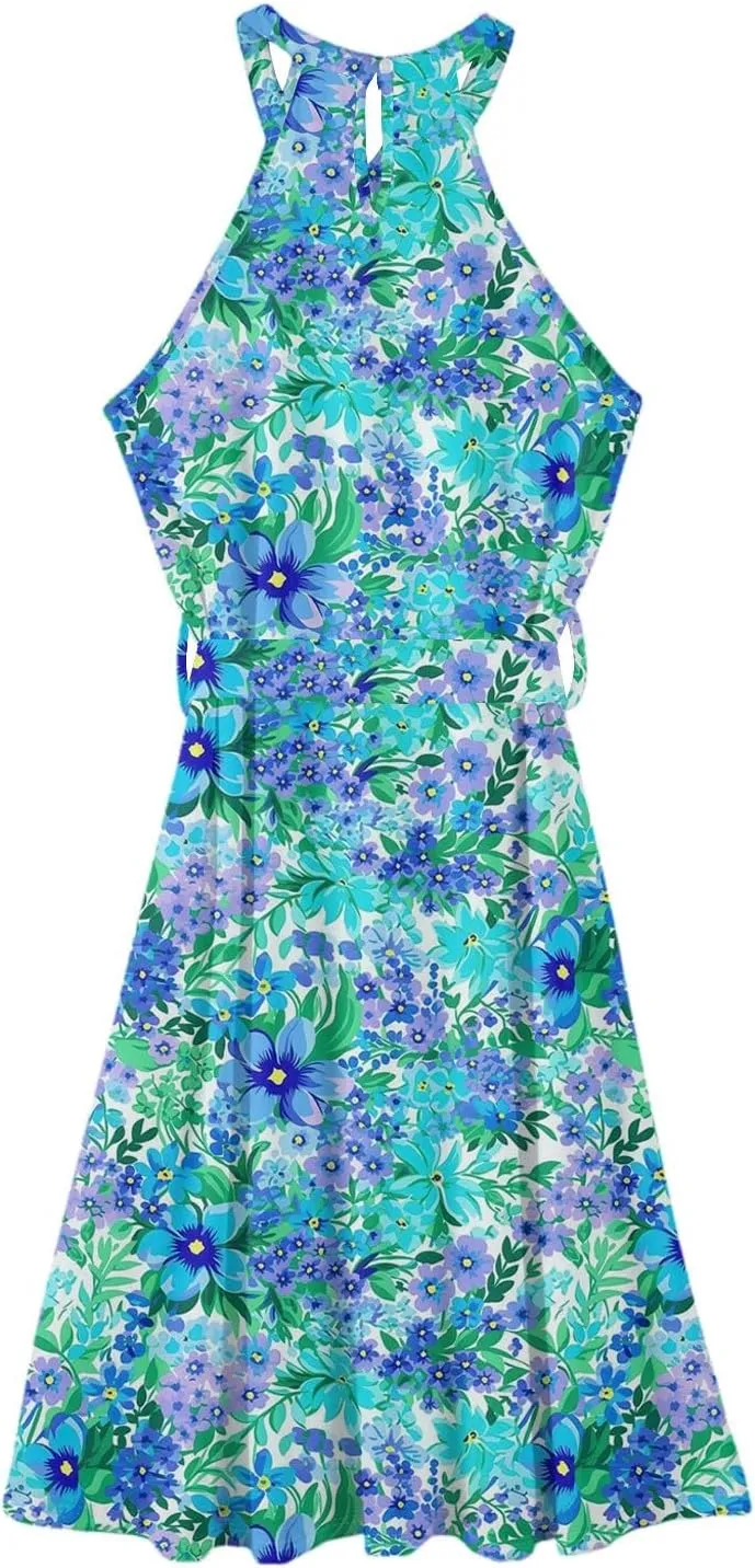 Womens Midi Halter Floral Dresses Casual Summer Flowy A Line Sundress Sleeveless Tie Empire Waist Frocks