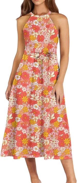 Womens Midi Halter Floral Dresses Casual Summer Flowy A Line Sundress Sleeveless Tie Empire Waist Frocks