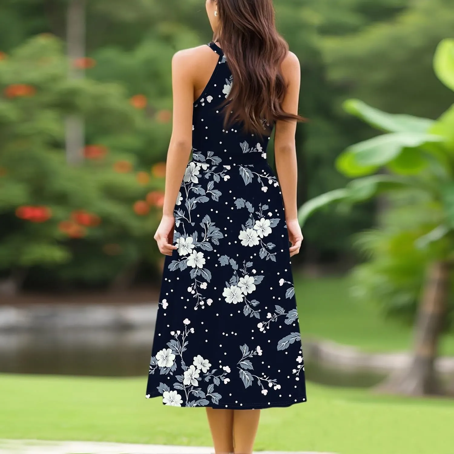 Womens Midi Halter Floral Dresses Casual Summer Flowy A Line Sundress Tie Empire Waist Sleeveless Frocks