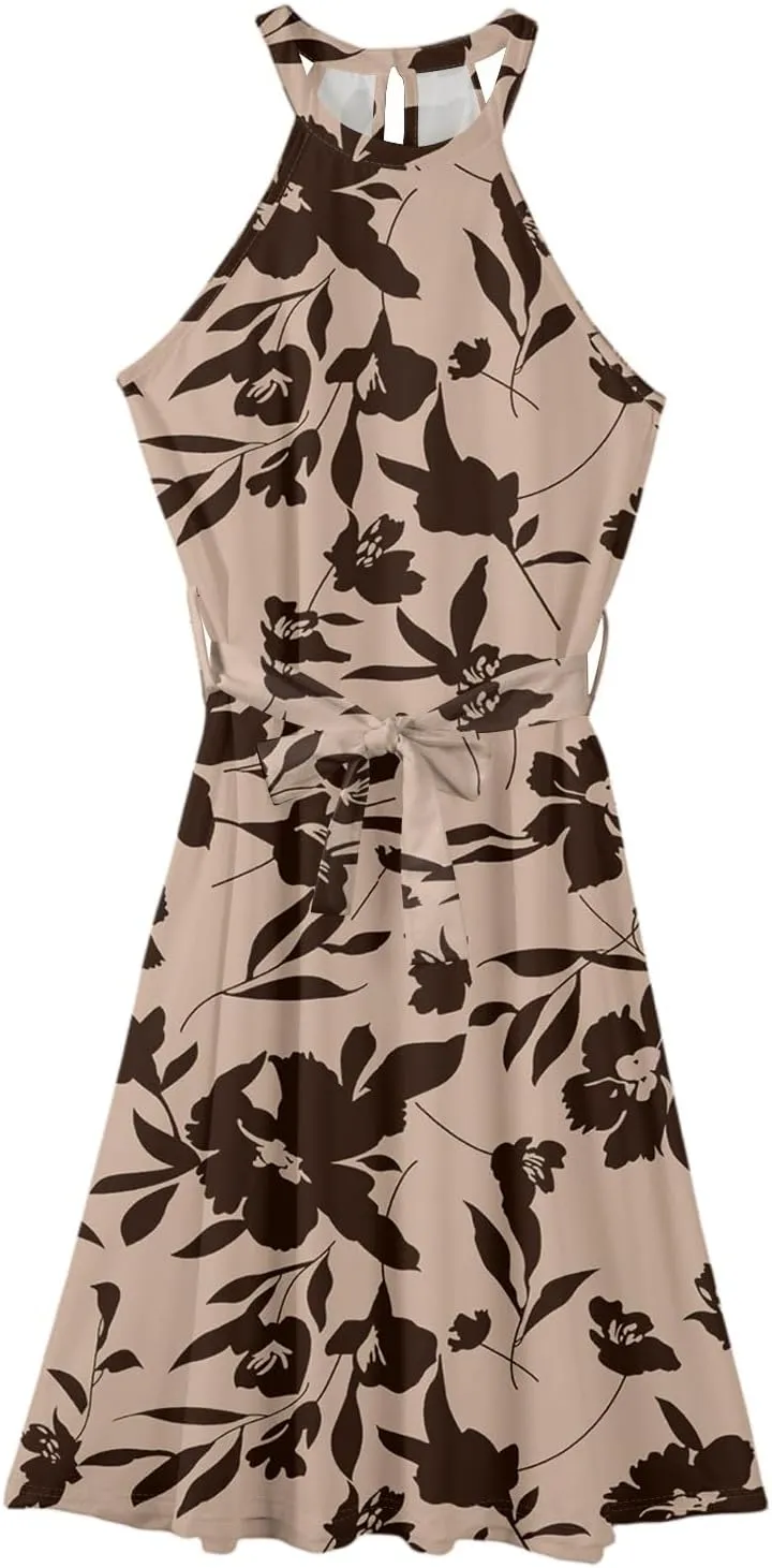 Womens Midi Halter Floral Dresses Casual Summer Flowy A Line Sundress Tie Empire Waist Sleeveless Frocks