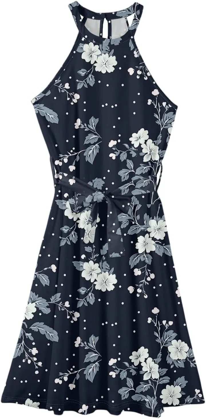 Womens Midi Halter Floral Dresses Casual Summer Flowy A Line Sundress Tie Empire Waist Sleeveless Frocks