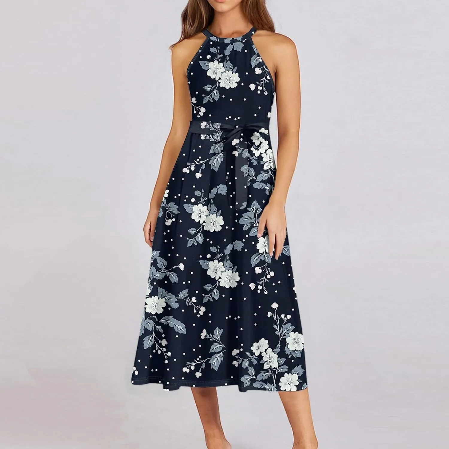 Womens Midi Halter Floral Dresses Casual Summer Flowy A Line Sundress Tie Empire Waist Sleeveless Frocks