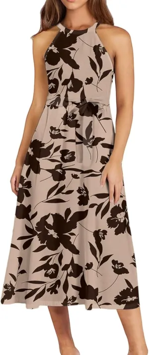 Womens Midi Halter Floral Dresses Casual Summer Flowy A Line Sundress Tie Empire Waist Sleeveless Frocks