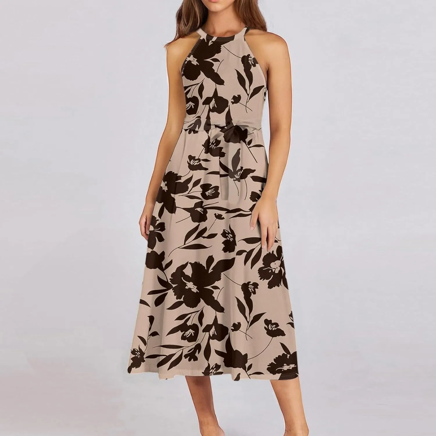 Womens Midi Halter Floral Dresses Casual Summer Flowy A Line Sundress Tie Empire Waist Sleeveless Frocks
