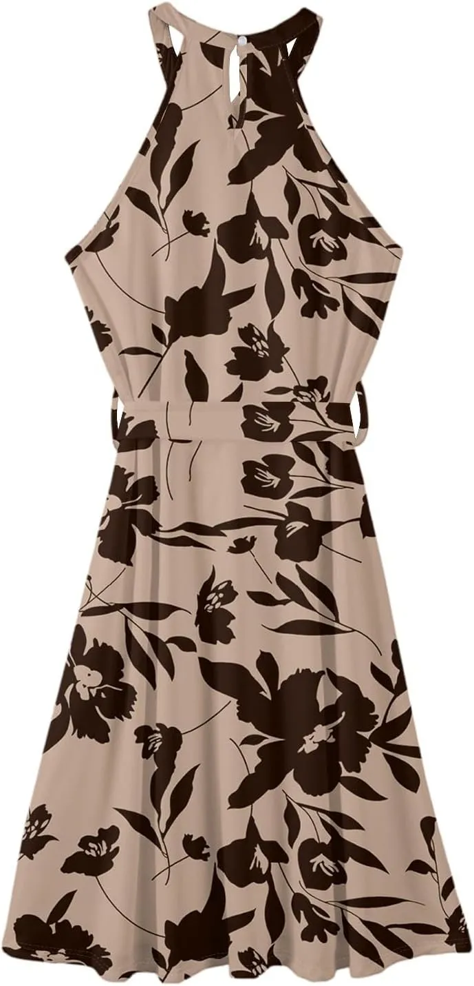 Womens Midi Halter Floral Dresses Casual Summer Flowy A Line Sundress Tie Empire Waist Sleeveless Frocks