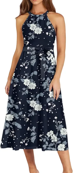 Womens Midi Halter Floral Dresses Casual Summer Flowy A Line Sundress Tie Empire Waist Sleeveless Frocks