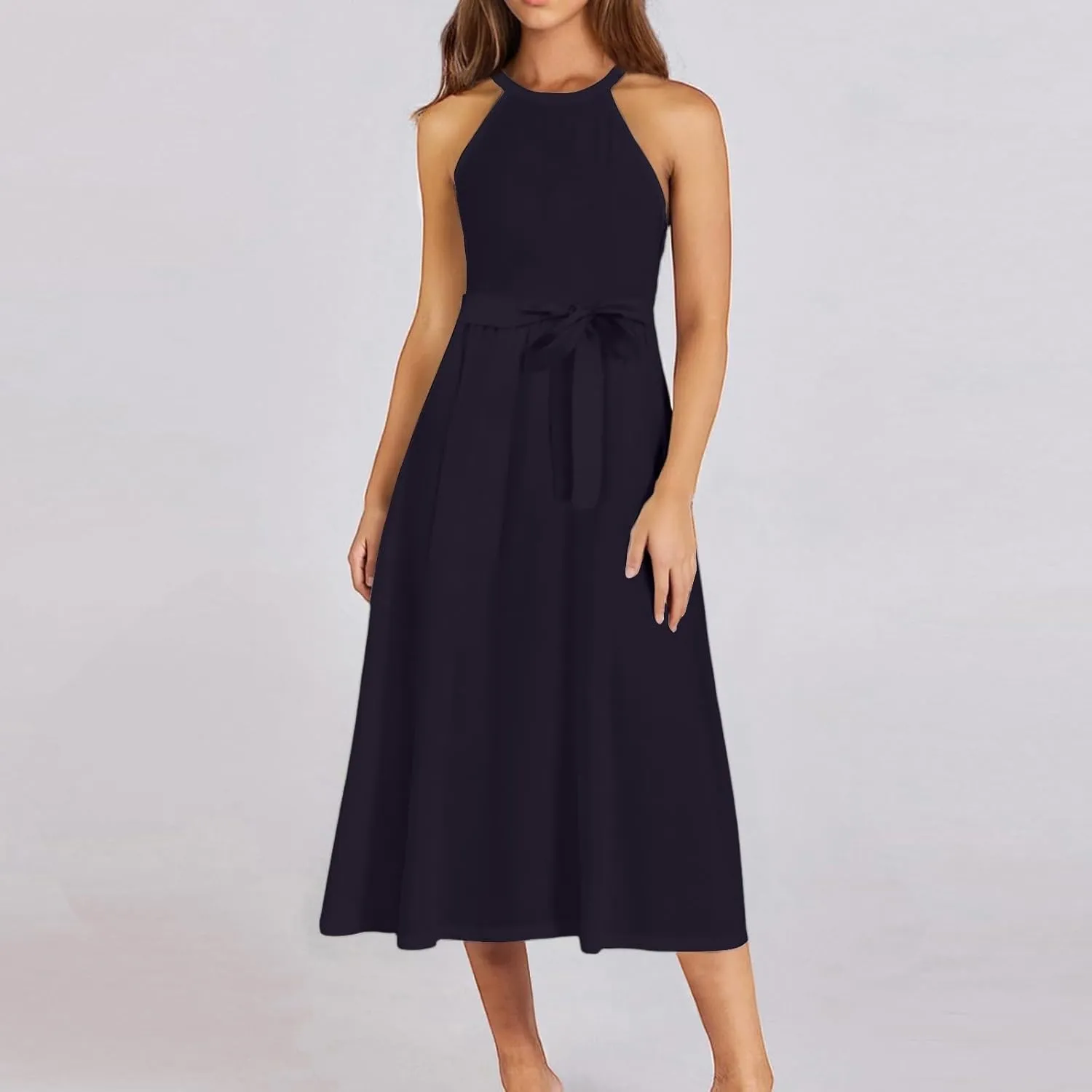 Womens Midi Halter Floral Dresses Casual Summer Sleeveless Flowy A Line Sundress Tie Empire Waist Frocks