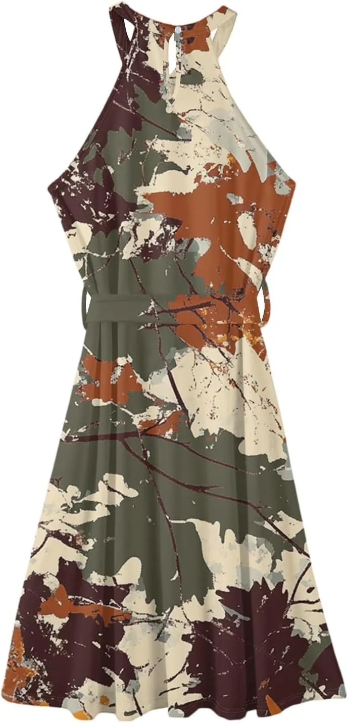 Womens Midi Halter Floral Dresses Casual Summer Sleeveless Flowy A Line Sundress Tie Empire Waist Frocks