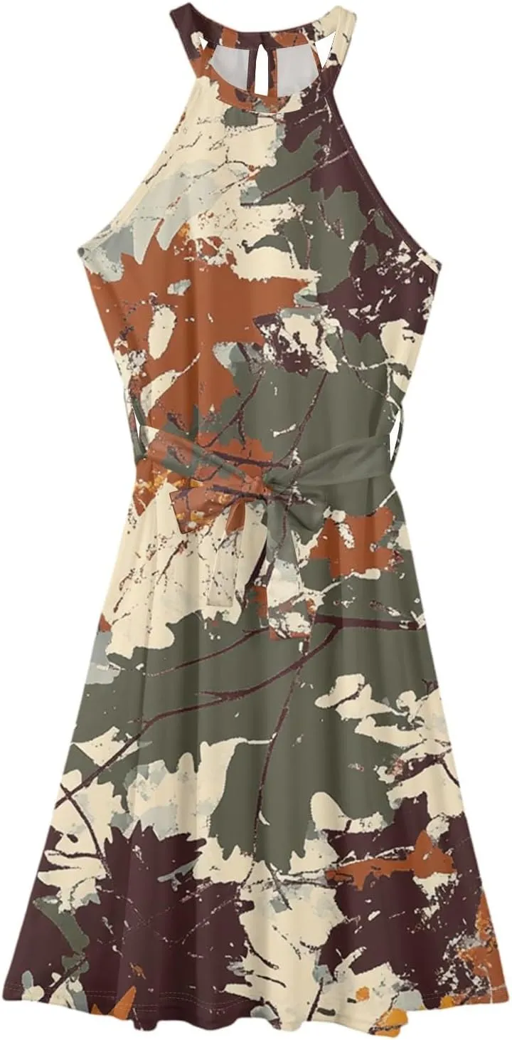 Womens Midi Halter Floral Dresses Casual Summer Sleeveless Flowy A Line Sundress Tie Empire Waist Frocks