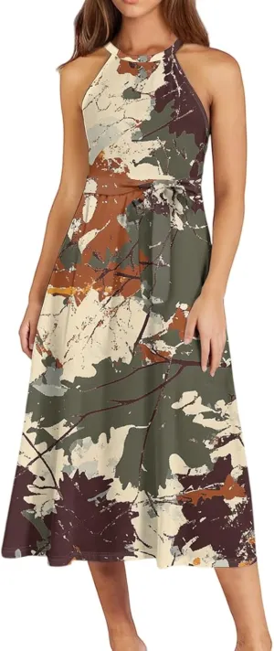 Womens Midi Halter Floral Dresses Casual Summer Sleeveless Flowy A Line Sundress Tie Empire Waist Frocks
