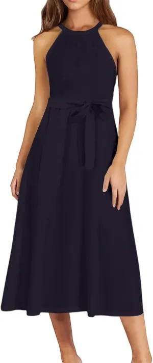 Womens Midi Halter Floral Dresses Casual Summer Sleeveless Flowy A Line Sundress Tie Empire Waist Frocks