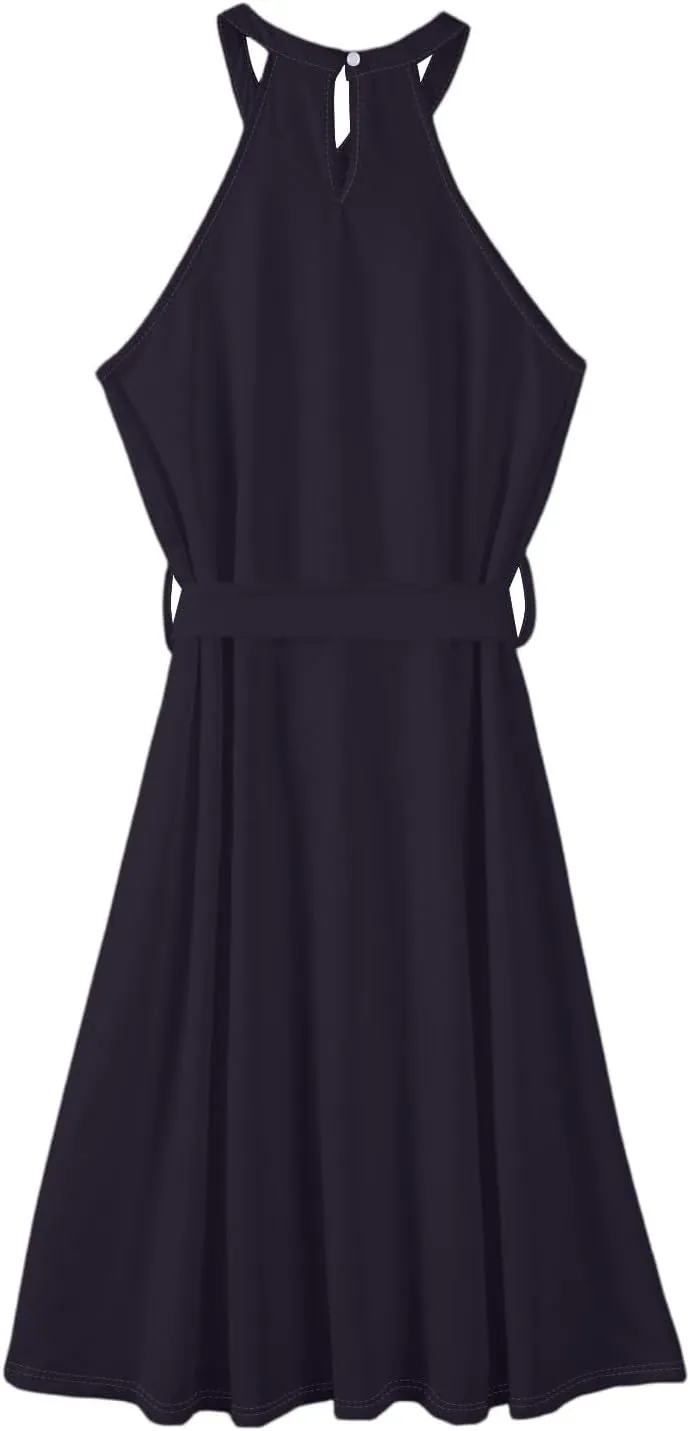 Womens Midi Halter Floral Dresses Casual Summer Sleeveless Flowy A Line Sundress Tie Empire Waist Frocks