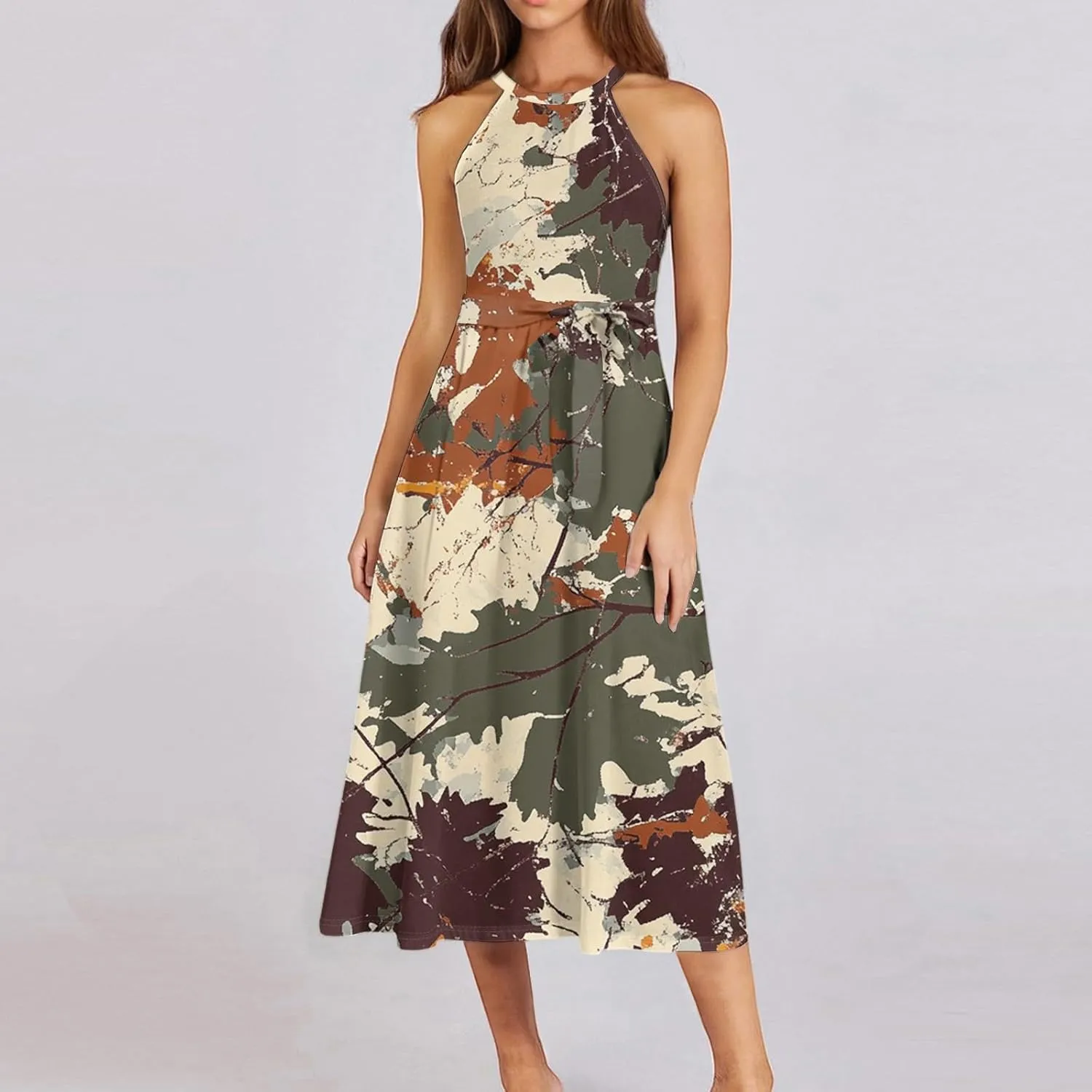 Womens Midi Halter Floral Dresses Casual Summer Sleeveless Flowy A Line Sundress Tie Empire Waist Frocks