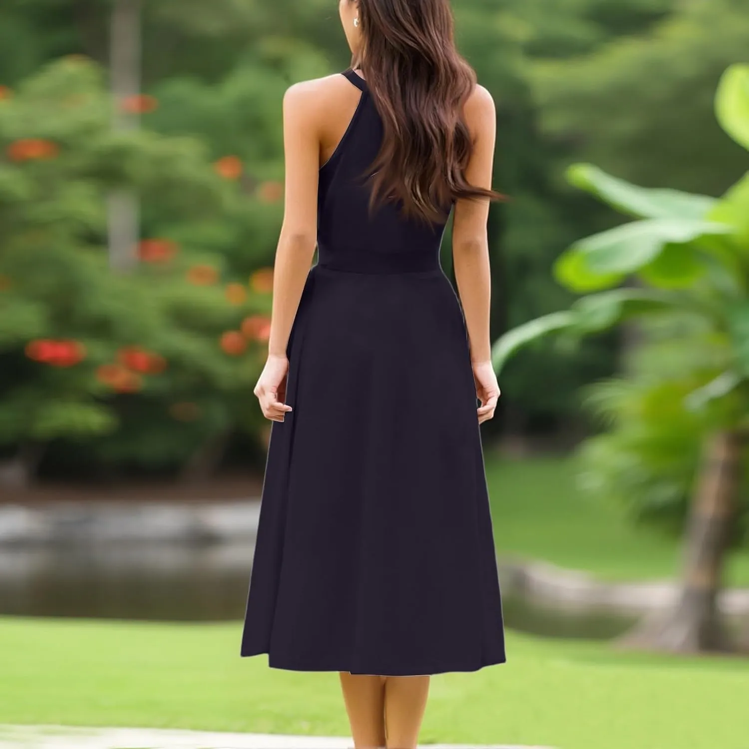 Womens Midi Halter Floral Dresses Casual Summer Sleeveless Flowy A Line Sundress Tie Empire Waist Frocks